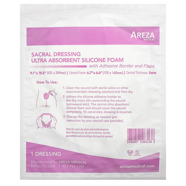 Apósito De Foam De Silicona Ultra-absorbente Para Sacro Con Borde Adhesivo y Solapas 23.1cm x 25.9cm Areza - DAQ Distribuidora de Apósitos