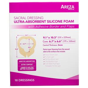 Apósito De Foam De Silicona Ultra-absorbente Para Sacro Con Borde Adhesivo y Solapas 23.1cm x 25.9cm Areza - DAQ Distribuidora de Apósitos