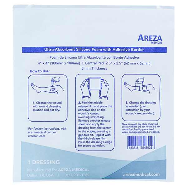 Apósito De Foam De Silicona Ultra-absorbente Con Borde Adhesivo 10cm x 10cm Areza - DAQ Distribuidora de Apósitos